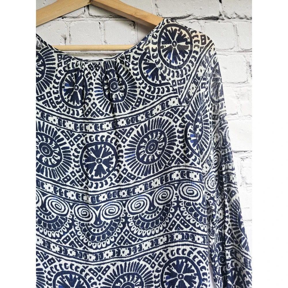 Tory Burch Silk Shell Navy Blue White Patterned Long Sleeve Button Accent Blouse